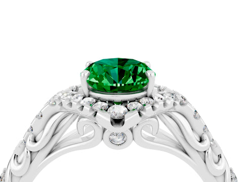 White gold Oval Cut Emerald Solitaire Ring with Hidden Halo and Pavé Band_16