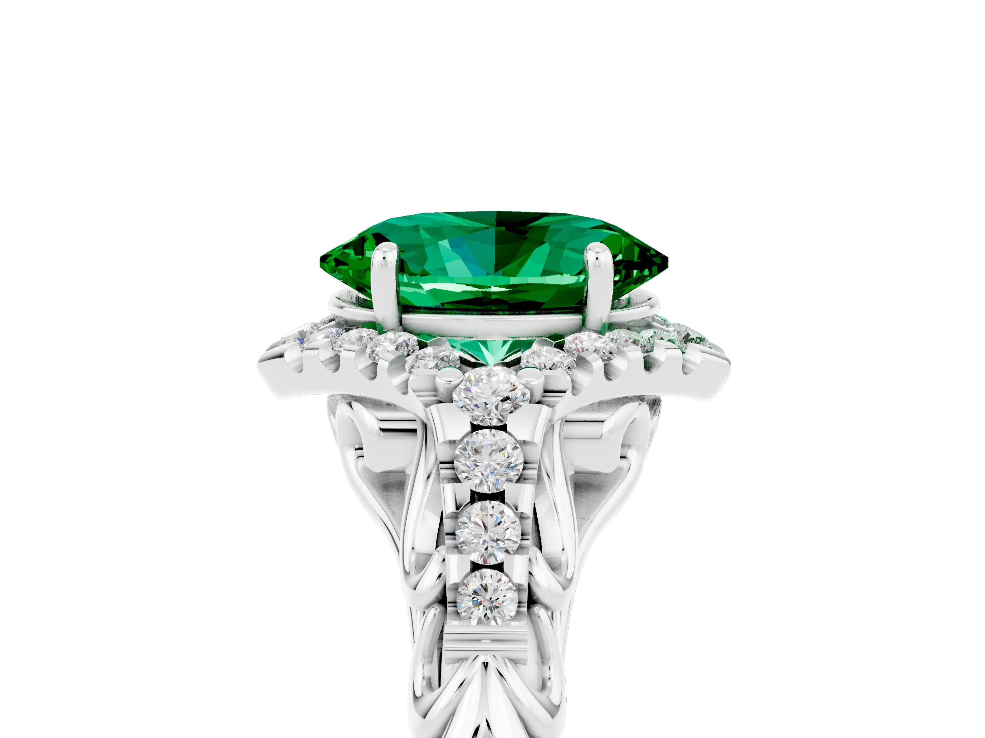 White gold Oval Cut Emerald Solitaire Ring with Hidden Halo and Pavé Band_17