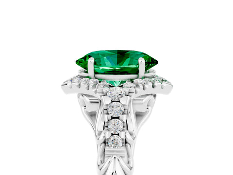 White gold Oval Cut Emerald Solitaire Ring with Hidden Halo and Pavé Band_17
