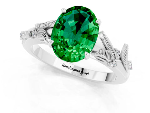 White gold Oval Cut Emerald Solitaire Ring with Leaf Motif Band and Four-Prong Setting_13