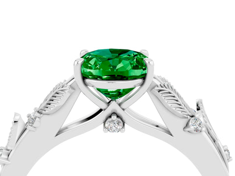 White gold Oval Cut Emerald Solitaire Ring with Leaf Motif Band and Four-Prong Setting_16