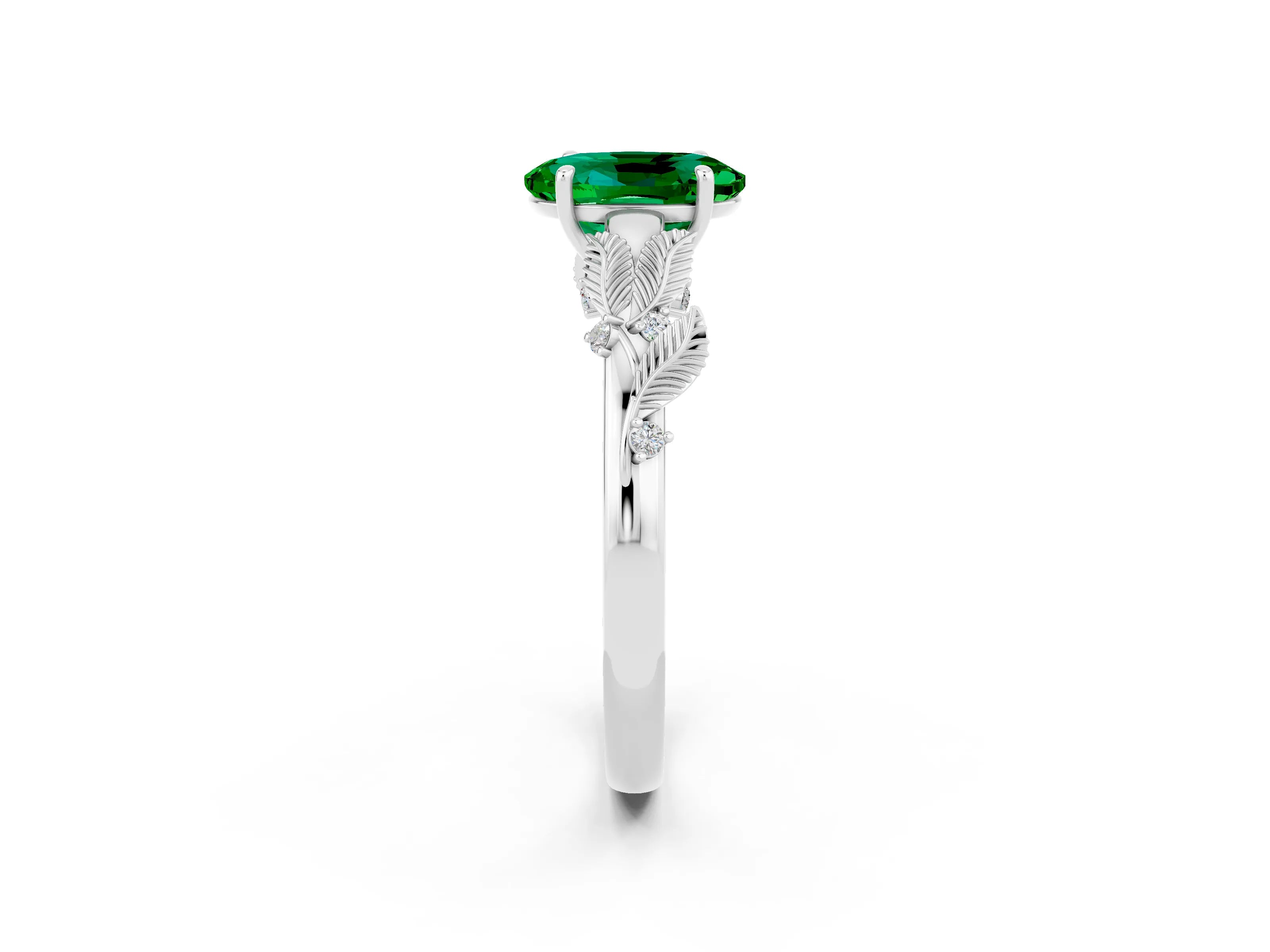 White gold Oval Cut Emerald Solitaire Ring with Leaf Motif Band and Four-Prong Setting_2