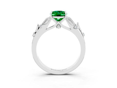 White gold Oval Cut Emerald Solitaire Ring with Leaf Motif Band and Four-Prong Setting_3