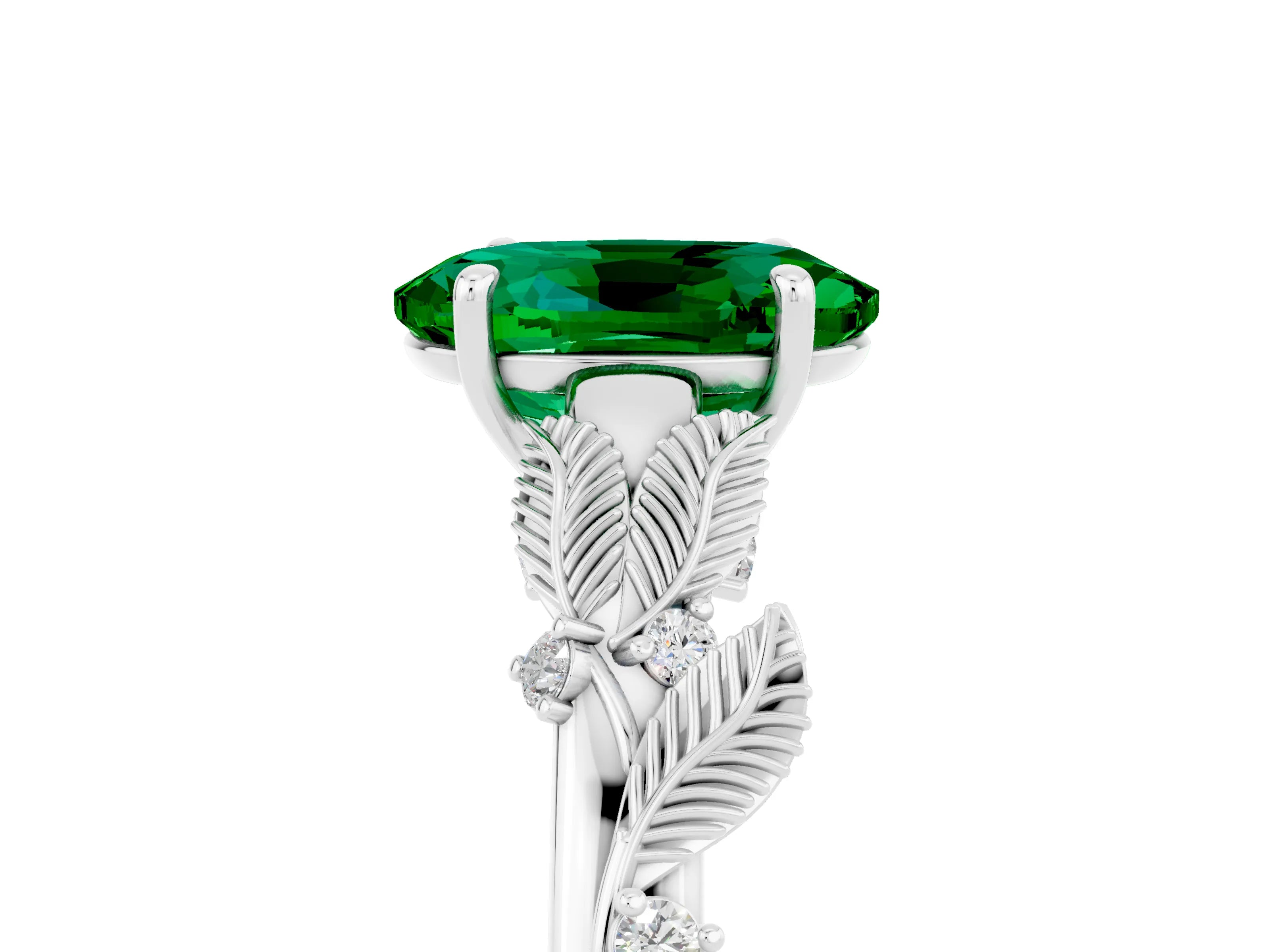 White gold Oval Cut Emerald Solitaire Ring with Leaf Motif Band and Four-Prong Setting_5