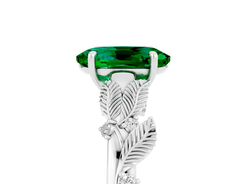 White gold Oval Cut Emerald Solitaire Ring with Leaf Motif Band and Four-Prong Setting_5