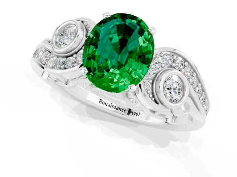 White gold Oval Cut Emerald Solitaire Ring with Milgrain Pavé Band and Four-Prong Setting_13