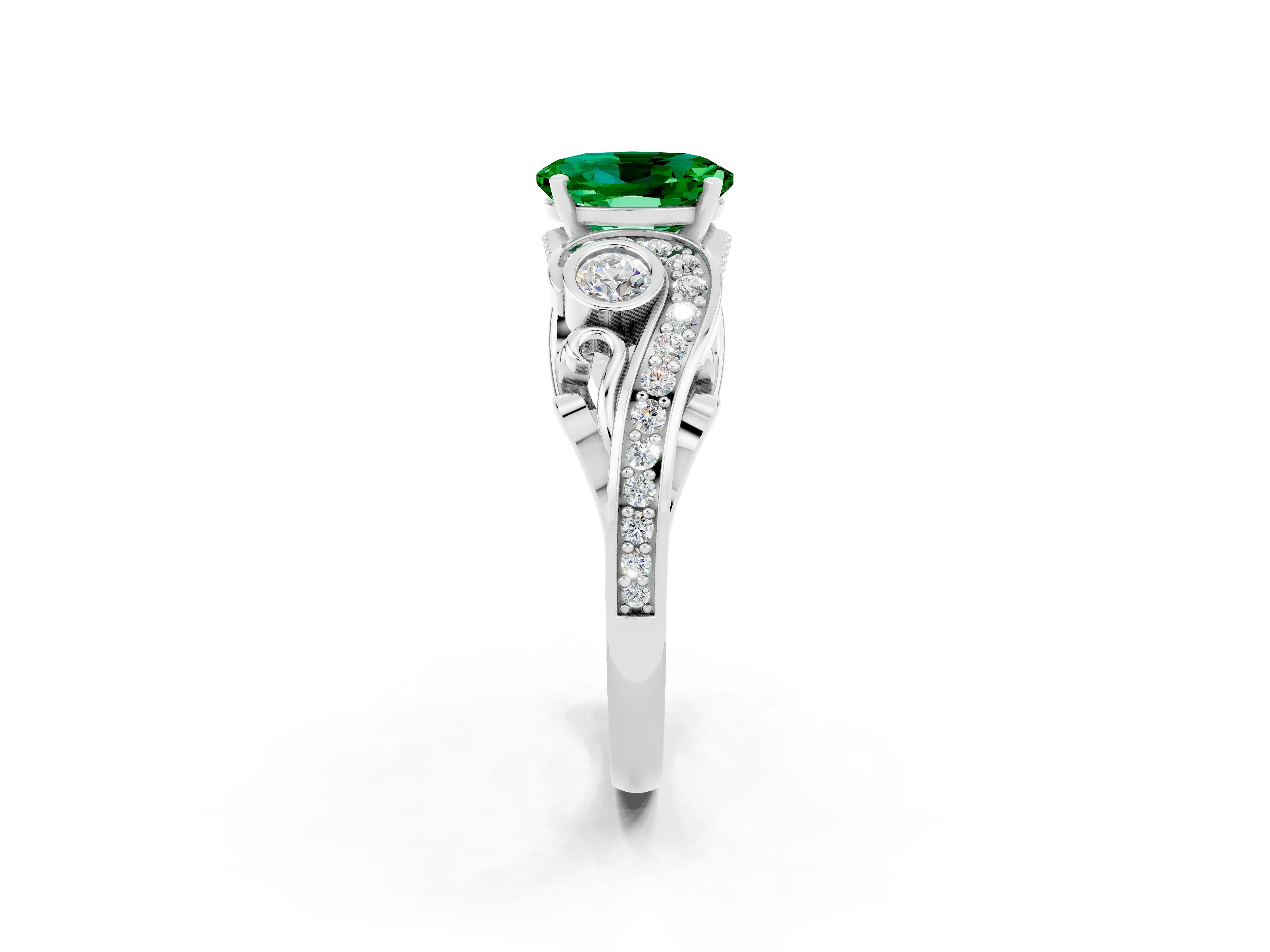 White gold Oval Cut Emerald Solitaire Ring with Milgrain Pavé Band and Four-Prong Setting_14