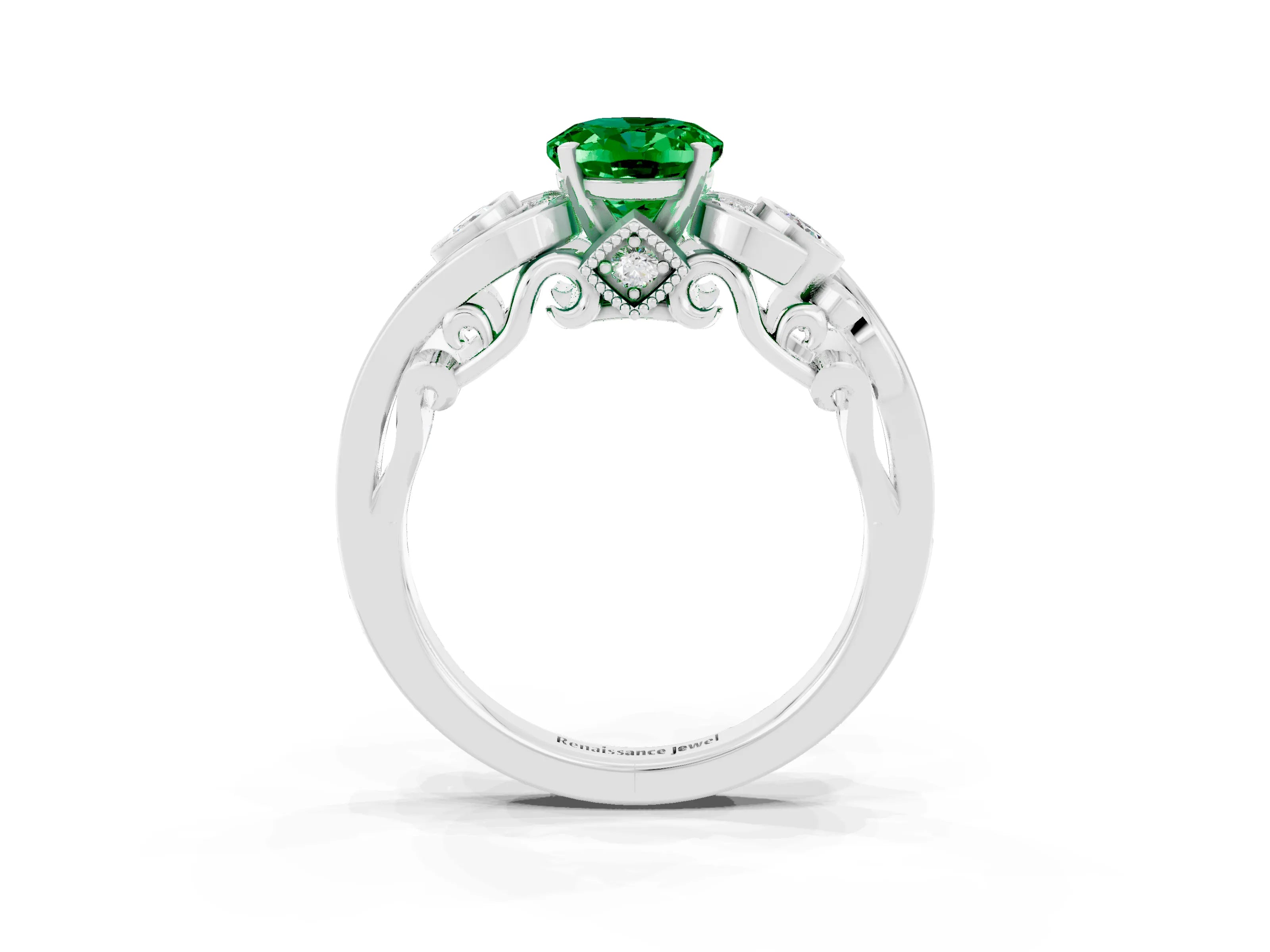 White gold Oval Cut Emerald Solitaire Ring with Milgrain Pavé Band and Four-Prong Setting_15
