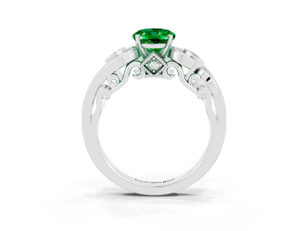 Silver Oval Cut Emerald Solitaire Ring with Milgrain Pavé Band and Four-Prong Setting