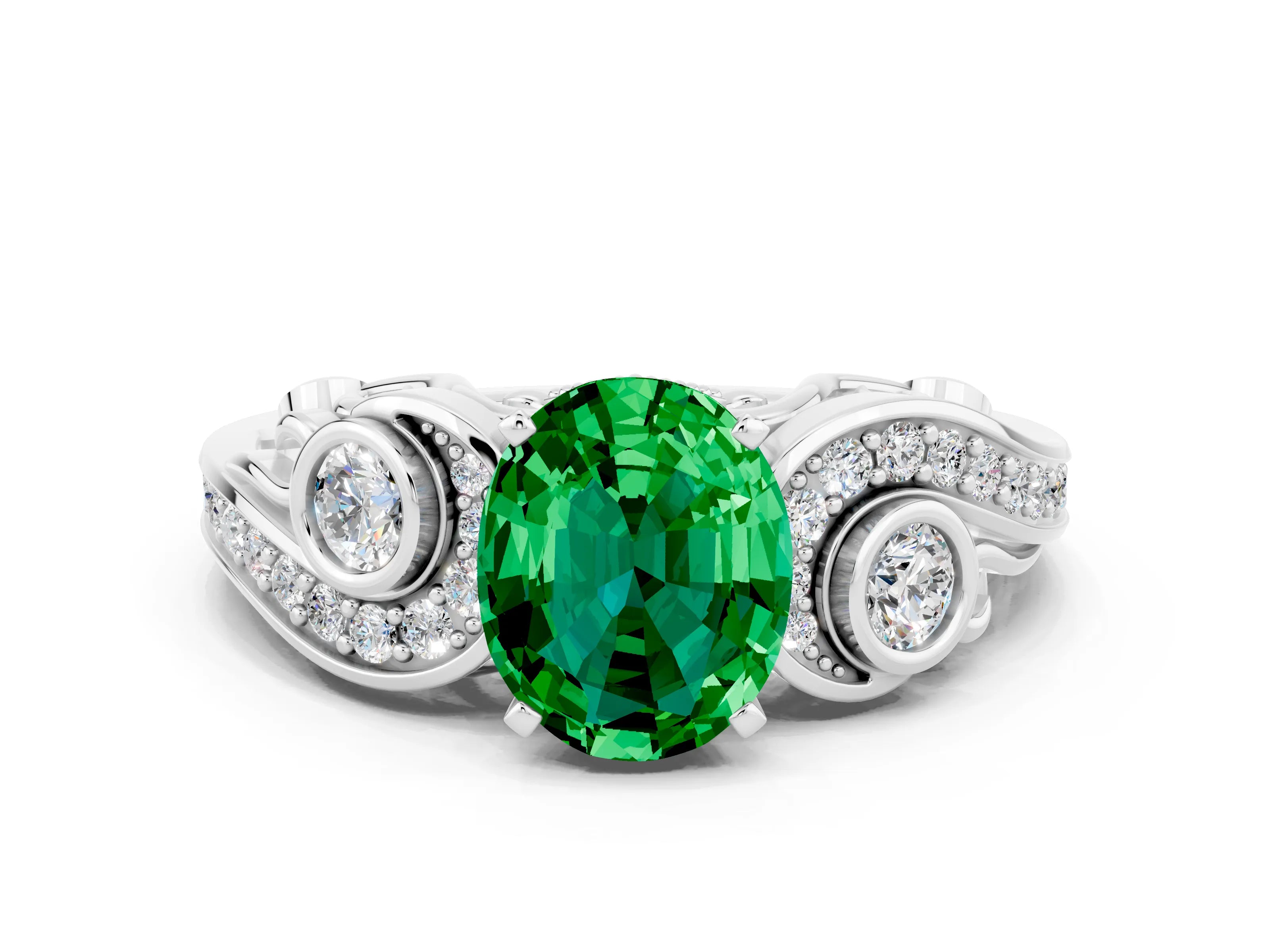 White gold Oval Cut Emerald Solitaire Ring with Milgrain Pavé Band and Four-Prong Setting_48