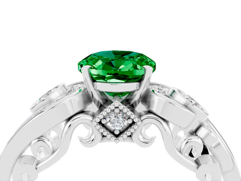 White gold Oval Cut Emerald Solitaire Ring with Milgrain Pavé Band and Four-Prong Setting_52
