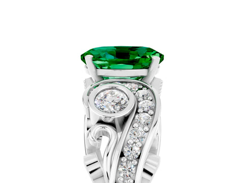 White gold Oval Cut Emerald Solitaire Ring with Milgrain Pavé Band and Four-Prong Setting_53