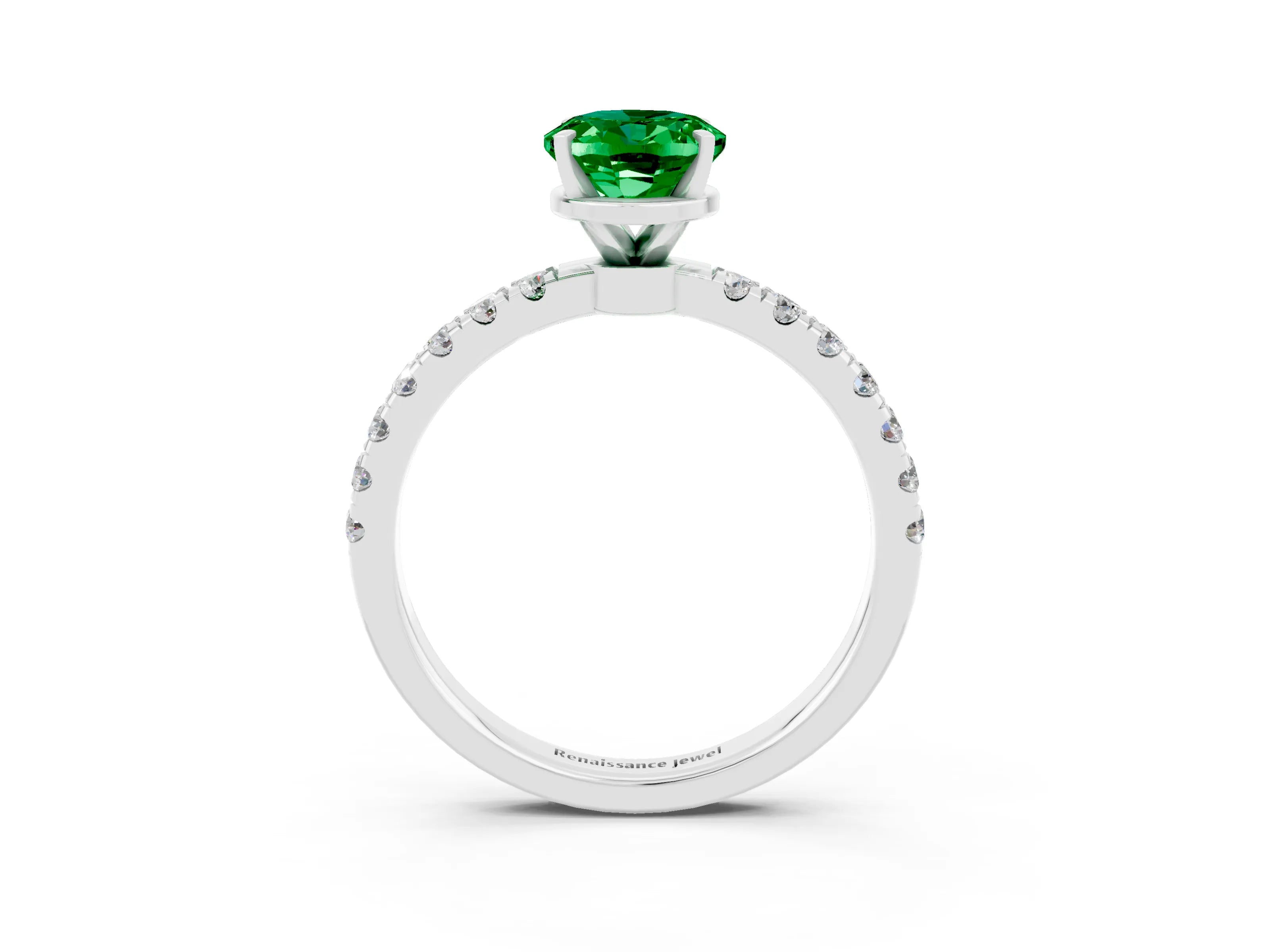 White gold Oval Cut Emerald Solitaire Ring with Pavé Accents and Four-Prong Setting_3