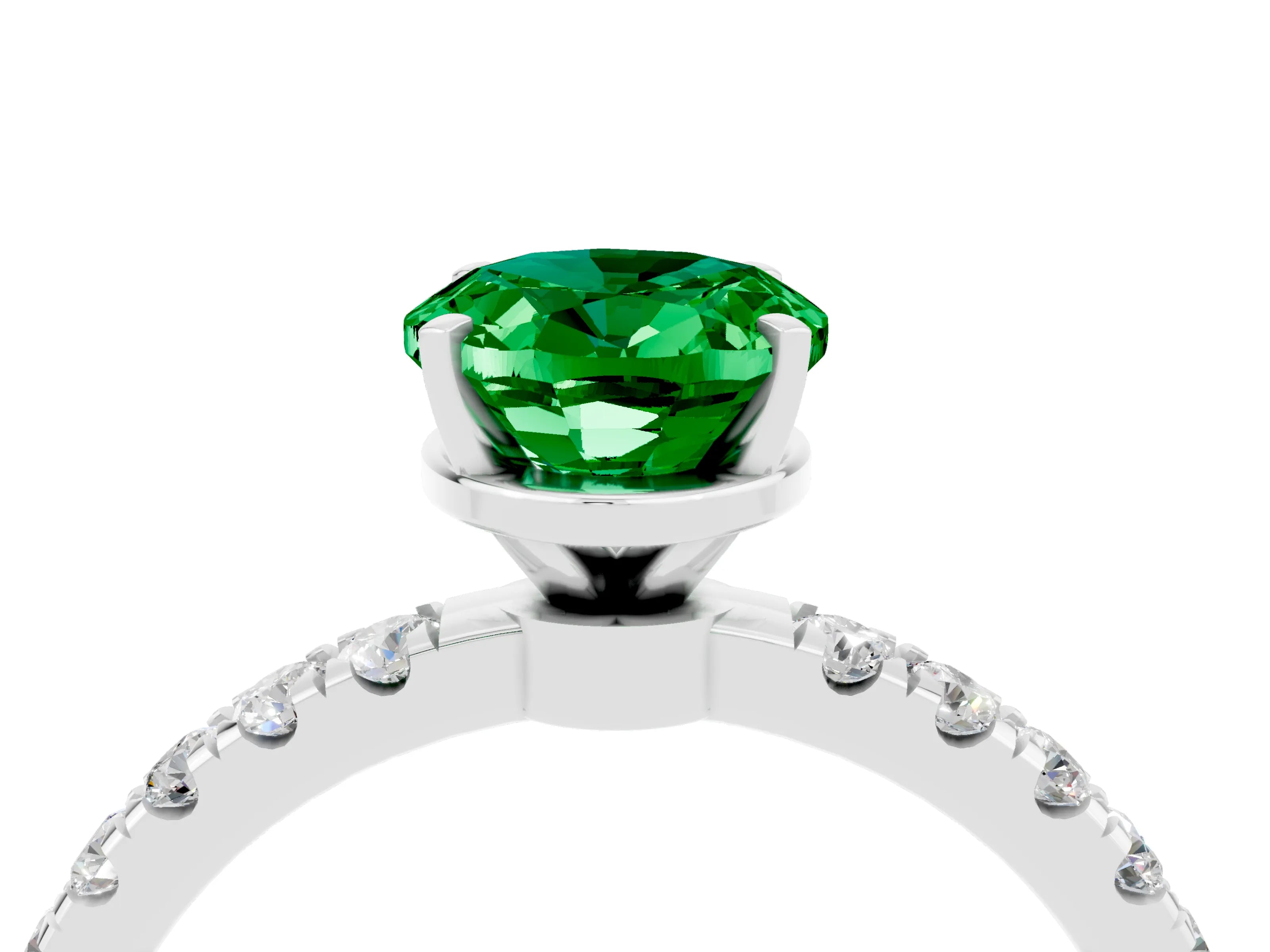 White gold Oval Cut Emerald Solitaire Ring with Pavé Accents and Four-Prong Setting_4