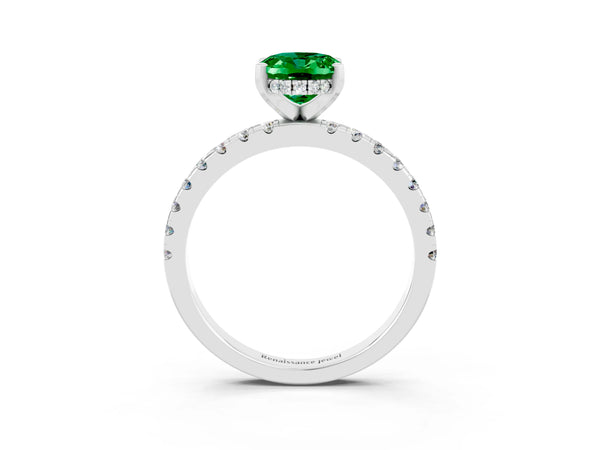 Platinum Oval Cut Emerald Solitaire Ring with Round  Pavé Band and Four-Prong Setting