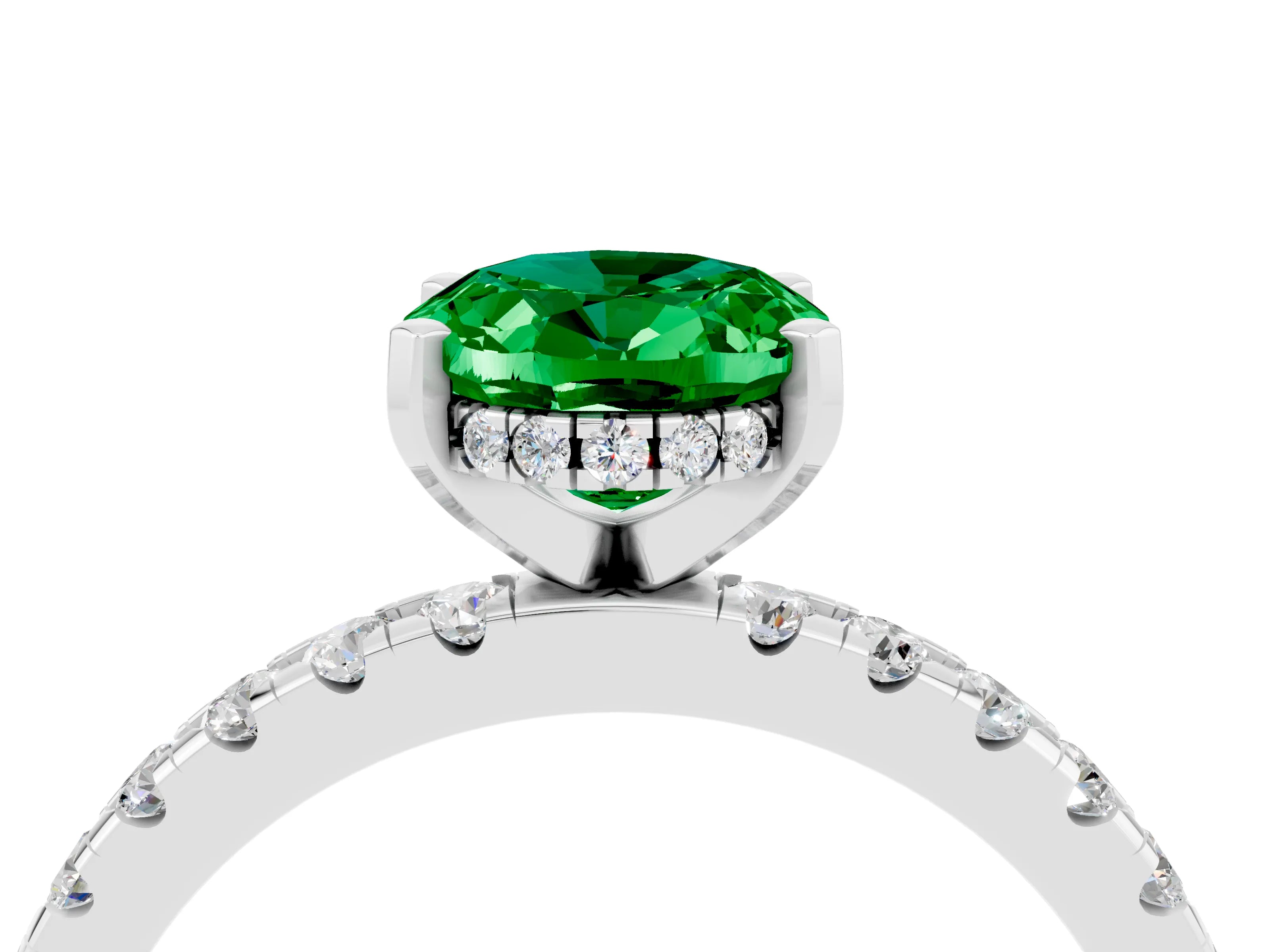 White gold Oval Cut Emerald Solitaire Ring with Pavé Band and Four-Prong Setting_28