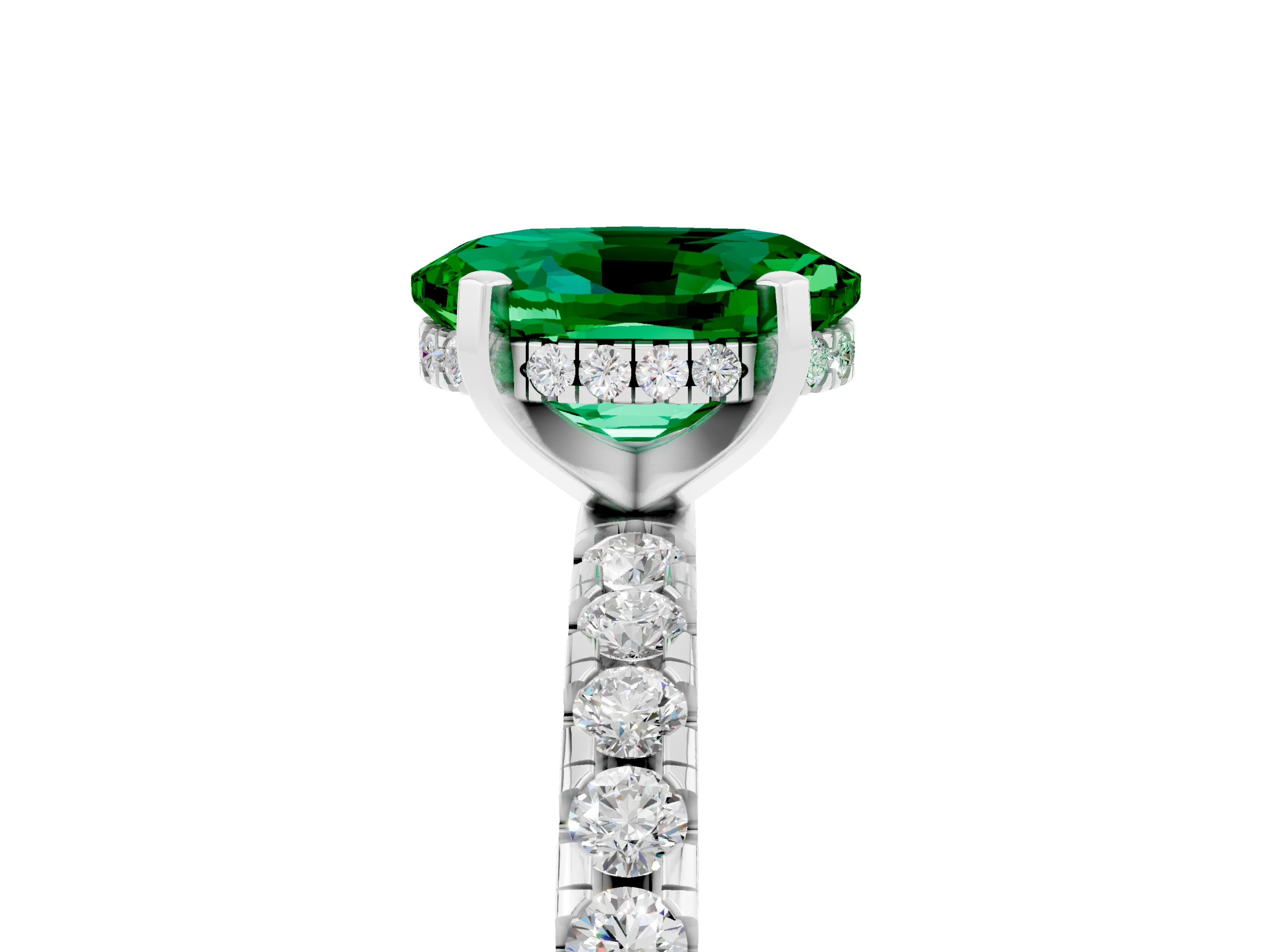 White gold Oval Cut Emerald Solitaire Ring with Pavé Band and Four-Prong Setting_29