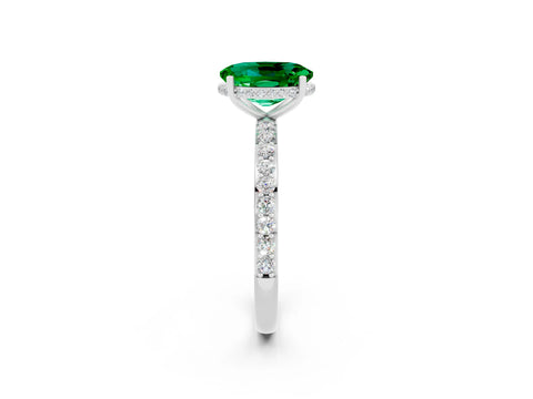 White gold Oval Cut Emerald Solitaire Ring with Pavé Band and Hidden Halo_14