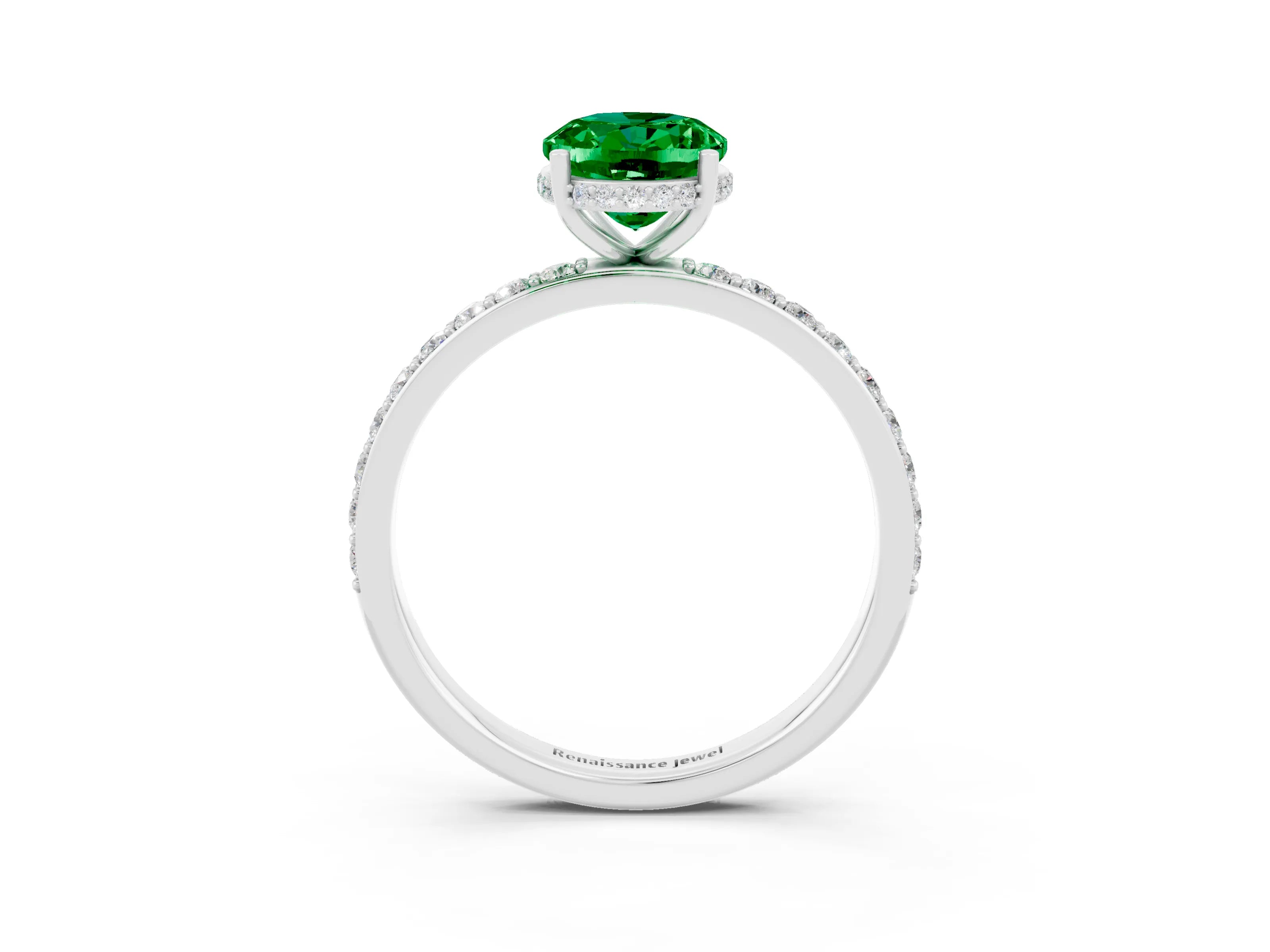 White gold Oval Cut Emerald Solitaire Ring with Pavé Band and Hidden Halo_15