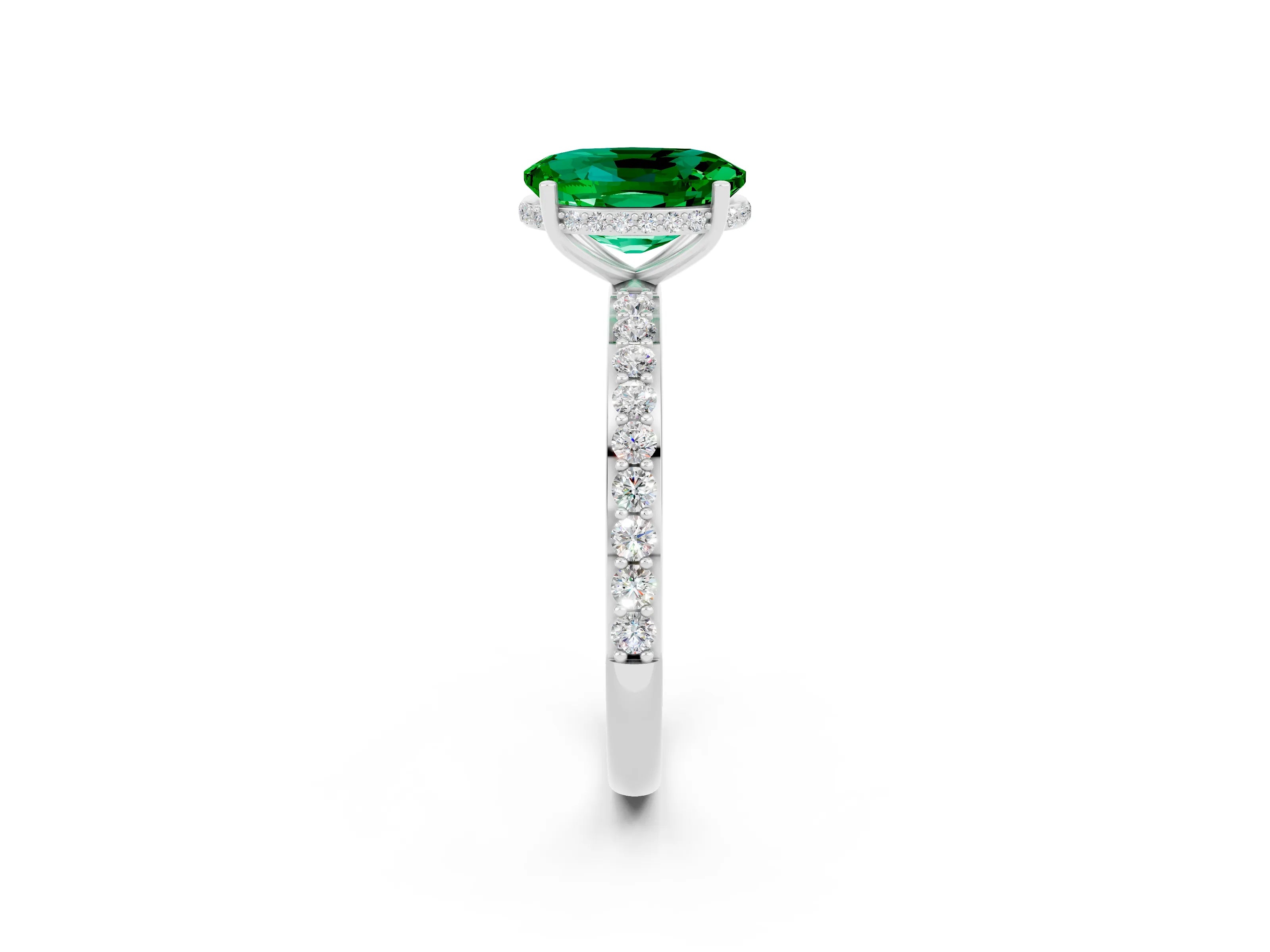 White gold Oval Cut Emerald Solitaire Ring with Pavé Band and Hidden Halo_2