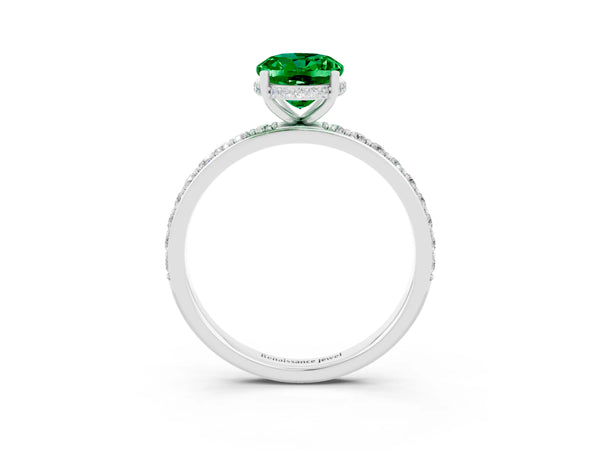 Platinum Oval Cut Emerald Solitaire Ring with Pavé Band and Hidden Halo