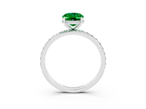 White gold Oval Cut Emerald Solitaire Ring with Pavé Band and Hidden Halo_3