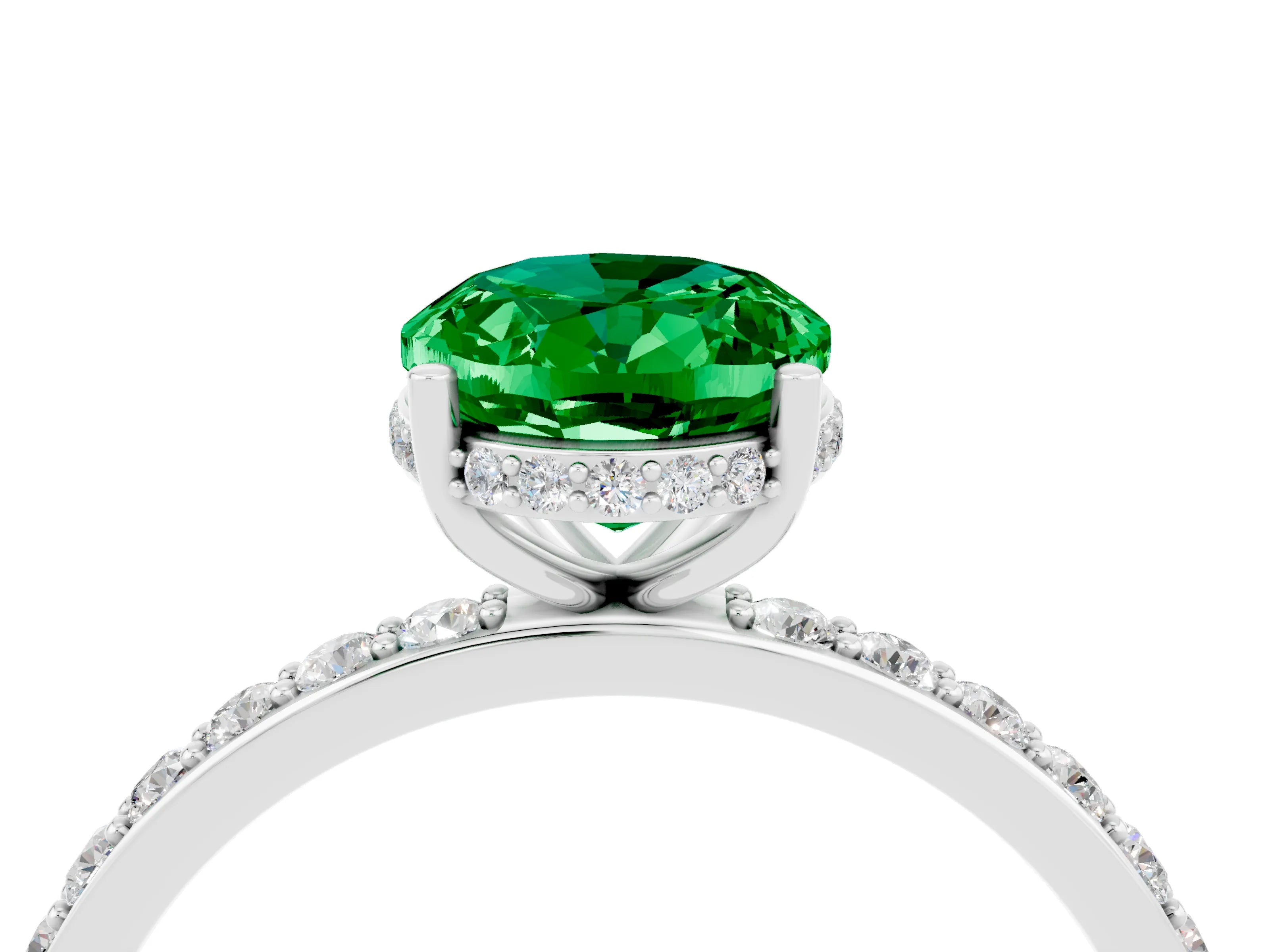 White gold Oval Cut Emerald Solitaire Ring with Pavé Band and Hidden Halo_4