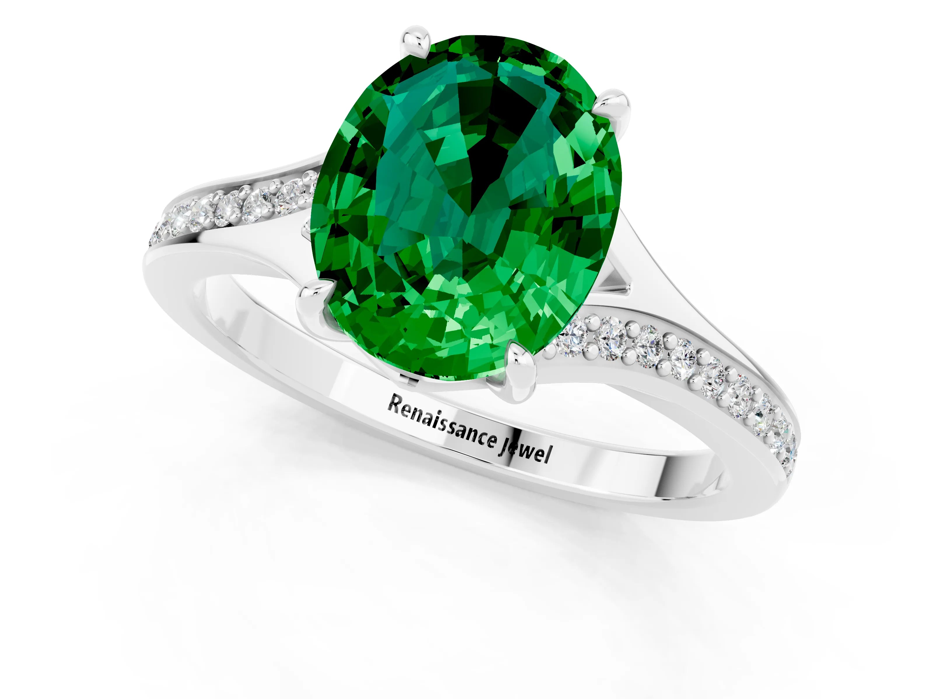 White gold Oval Cut Emerald Solitaire Ring with Pavé Band and Prong Setting_13