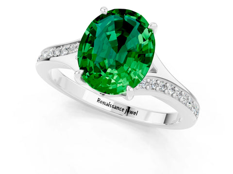 White gold Oval Cut Emerald Solitaire Ring with Pavé Band and Prong Setting_13