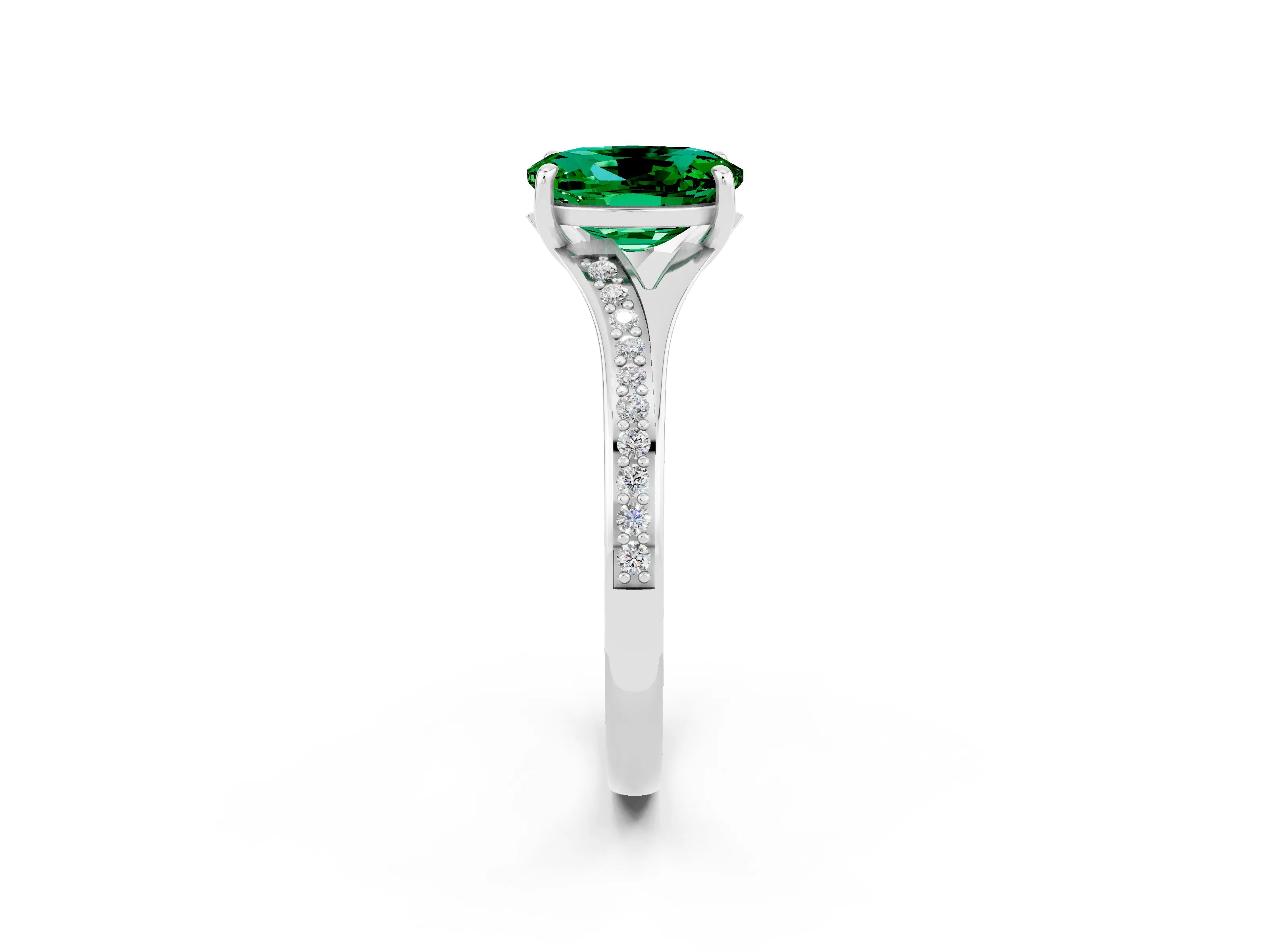 White gold Oval Cut Emerald Solitaire Ring with Pavé Band and Prong Setting_2