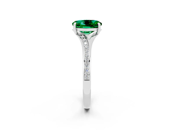 Silver Oval Cut Emerald Solitaire Ring with Pavé Band and Prong Setting