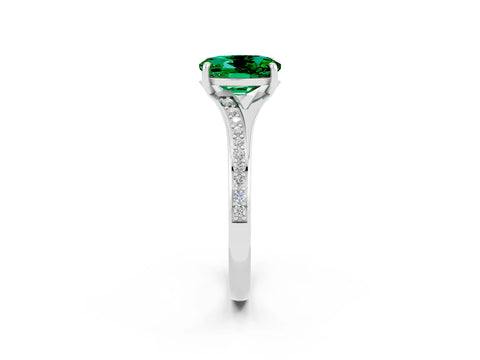 White gold Oval Cut Emerald Solitaire Ring with Pavé Band and Prong Setting_2