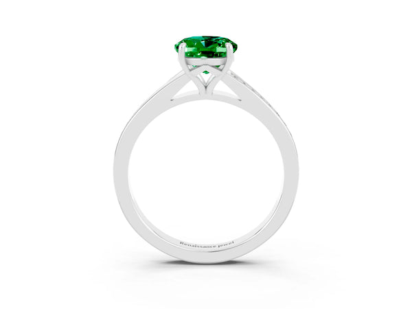 Platinum Oval Cut Emerald Solitaire Ring with Pavé Band and Prong Setting