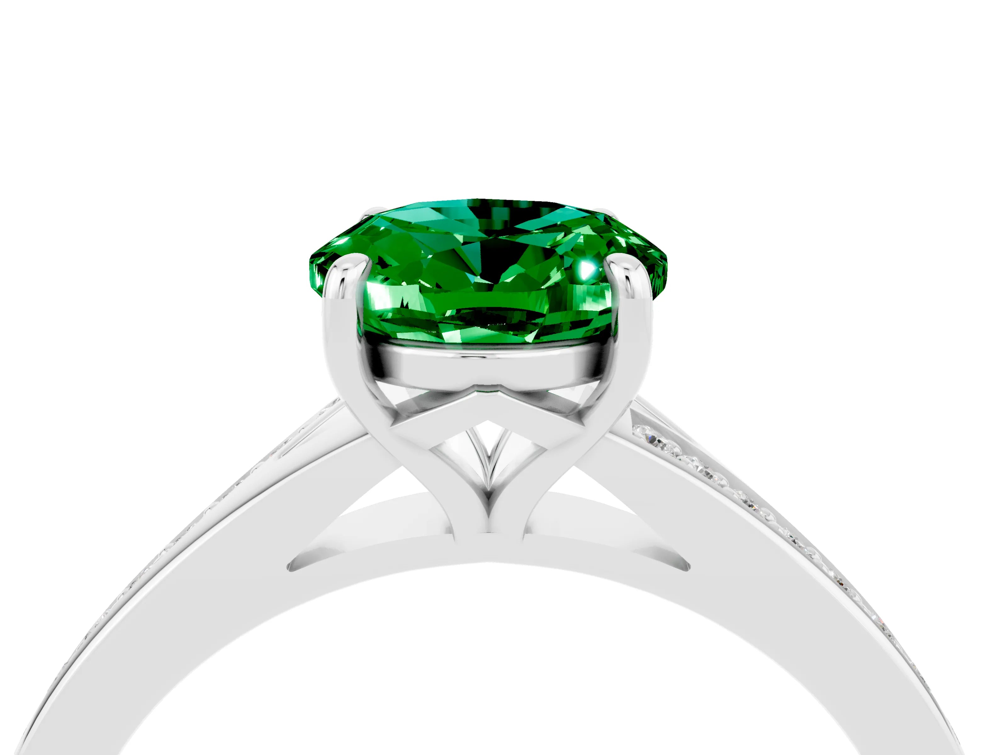 White gold Oval Cut Emerald Solitaire Ring with Pavé Band and Prong Setting_4