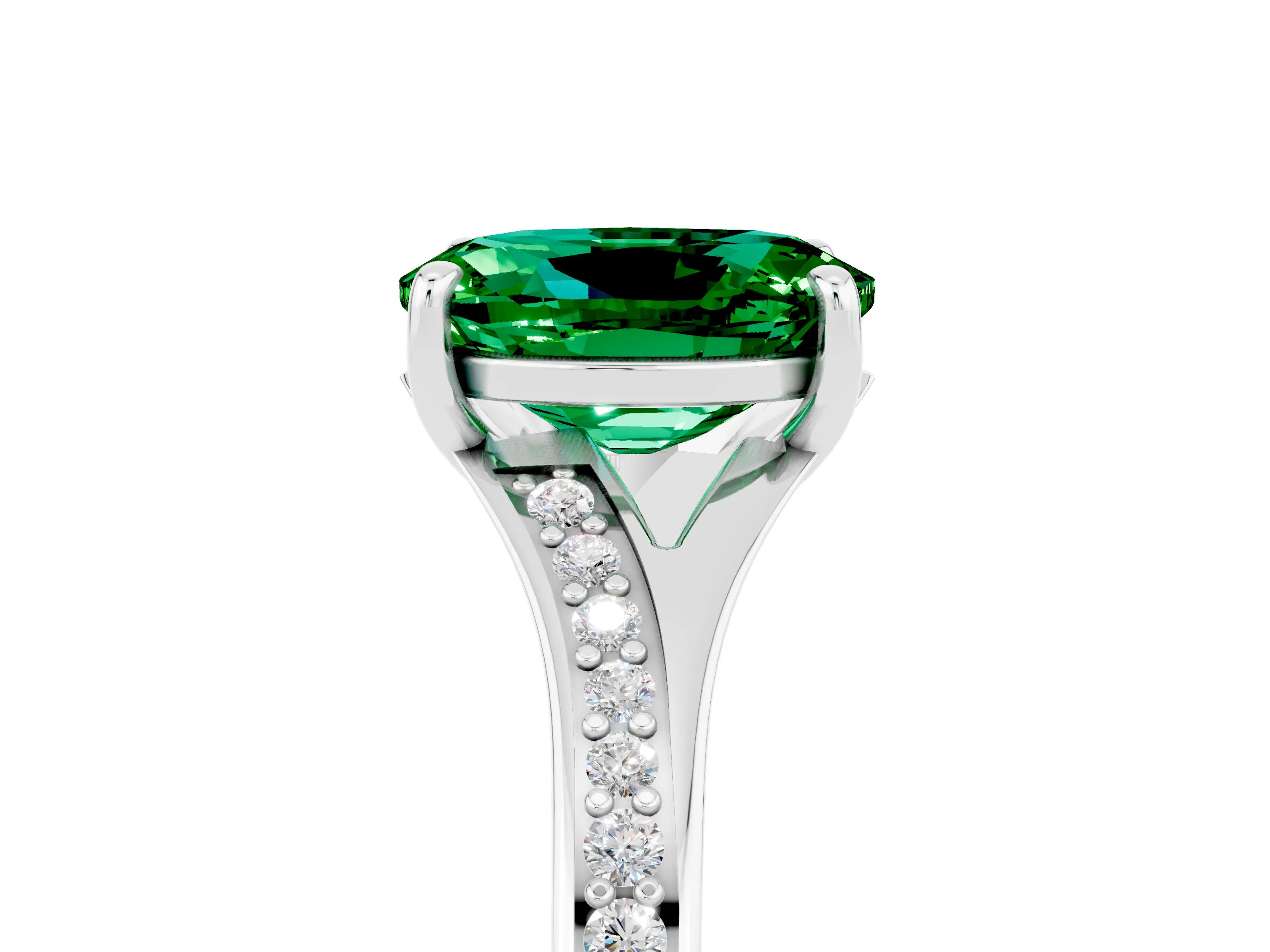 White gold Oval Cut Emerald Solitaire Ring with Pavé Band and Prong Setting_5