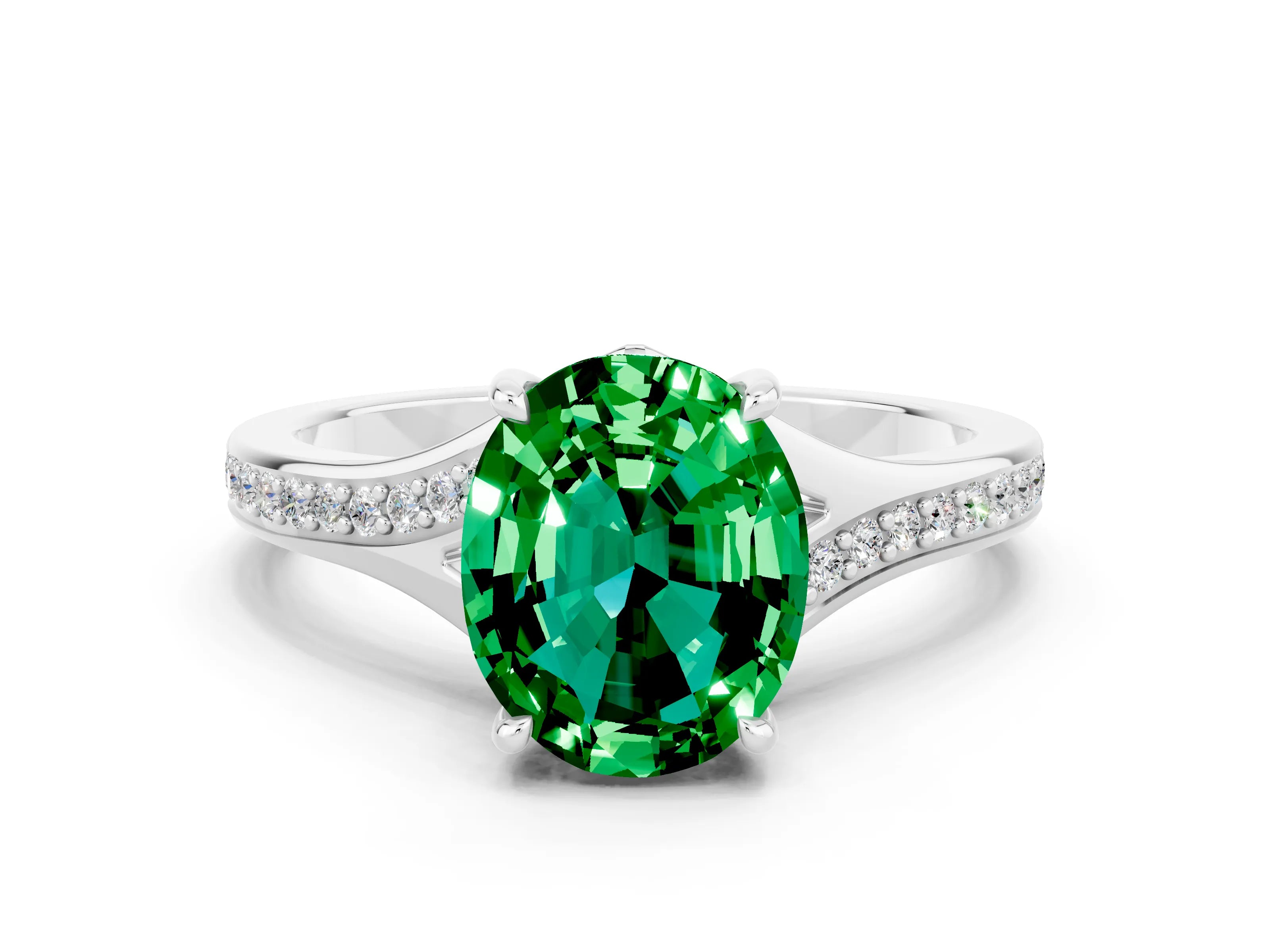 White gold Oval Cut Emerald Solitaire Ring with Pavé Band and Prong Setting