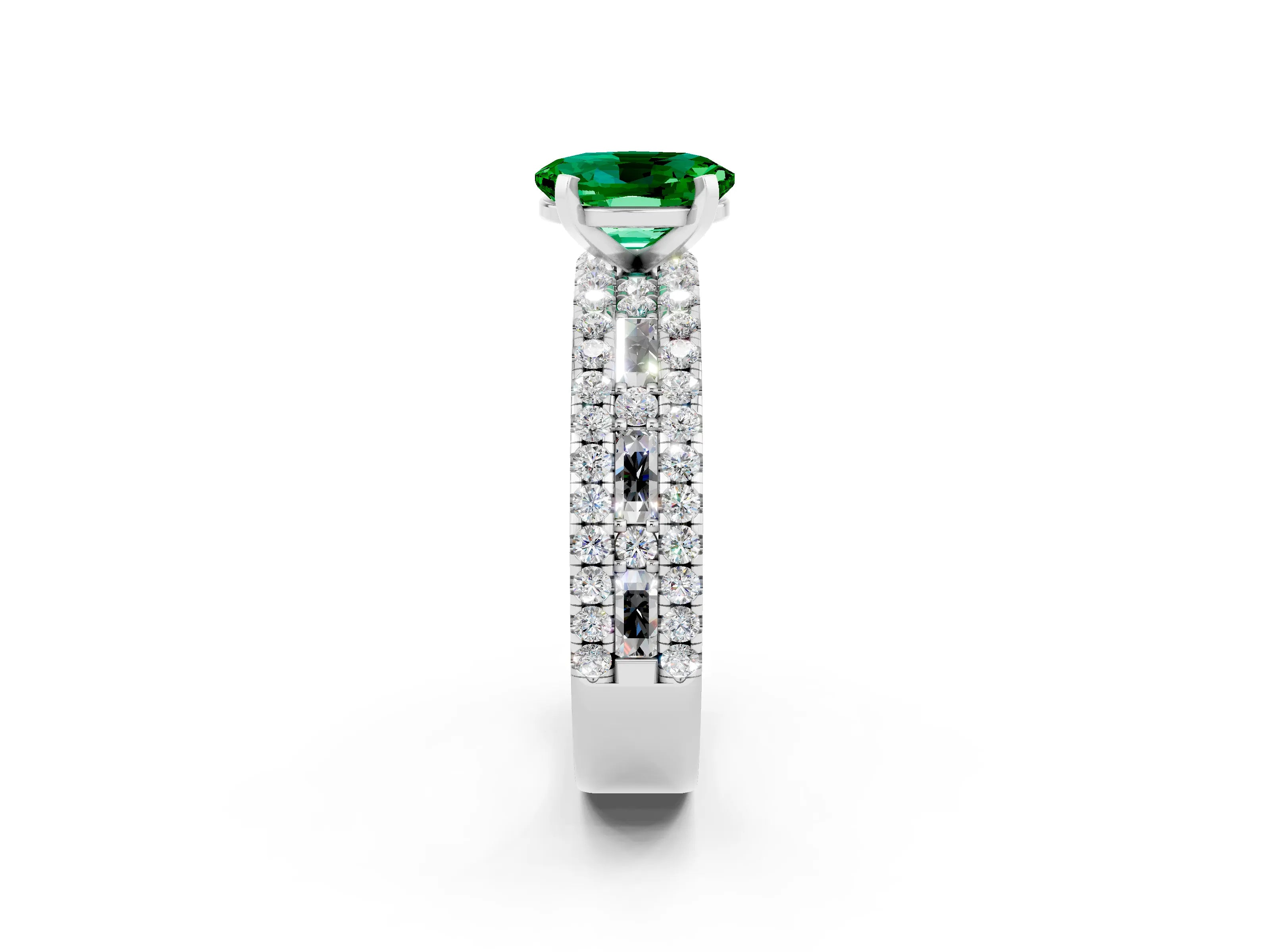White gold Oval Cut Emerald Solitaire Ring with Pavé and Channel Set Band_2