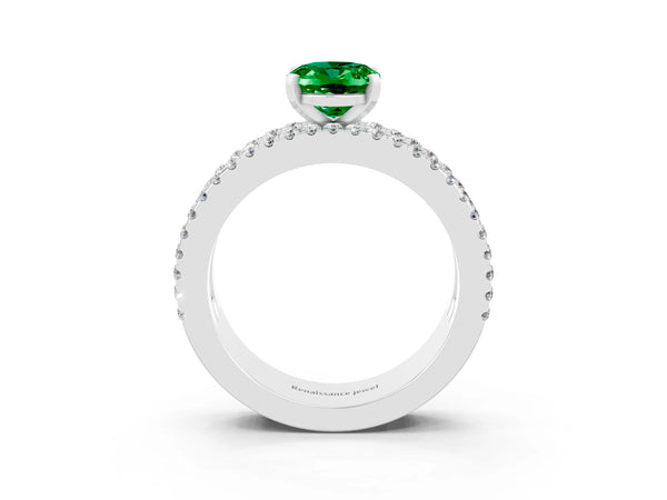 Platinum Oval Cut Emerald Solitaire Ring with Pavé and Channel Set Band
