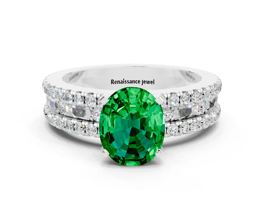 White gold Oval Cut Emerald Solitaire Ring with Pavé and Channel Set Band
