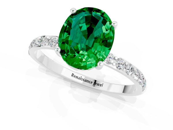 White gold Oval Cut Emerald Solitaire Ring with Round  Pavé Band and Prong Setting