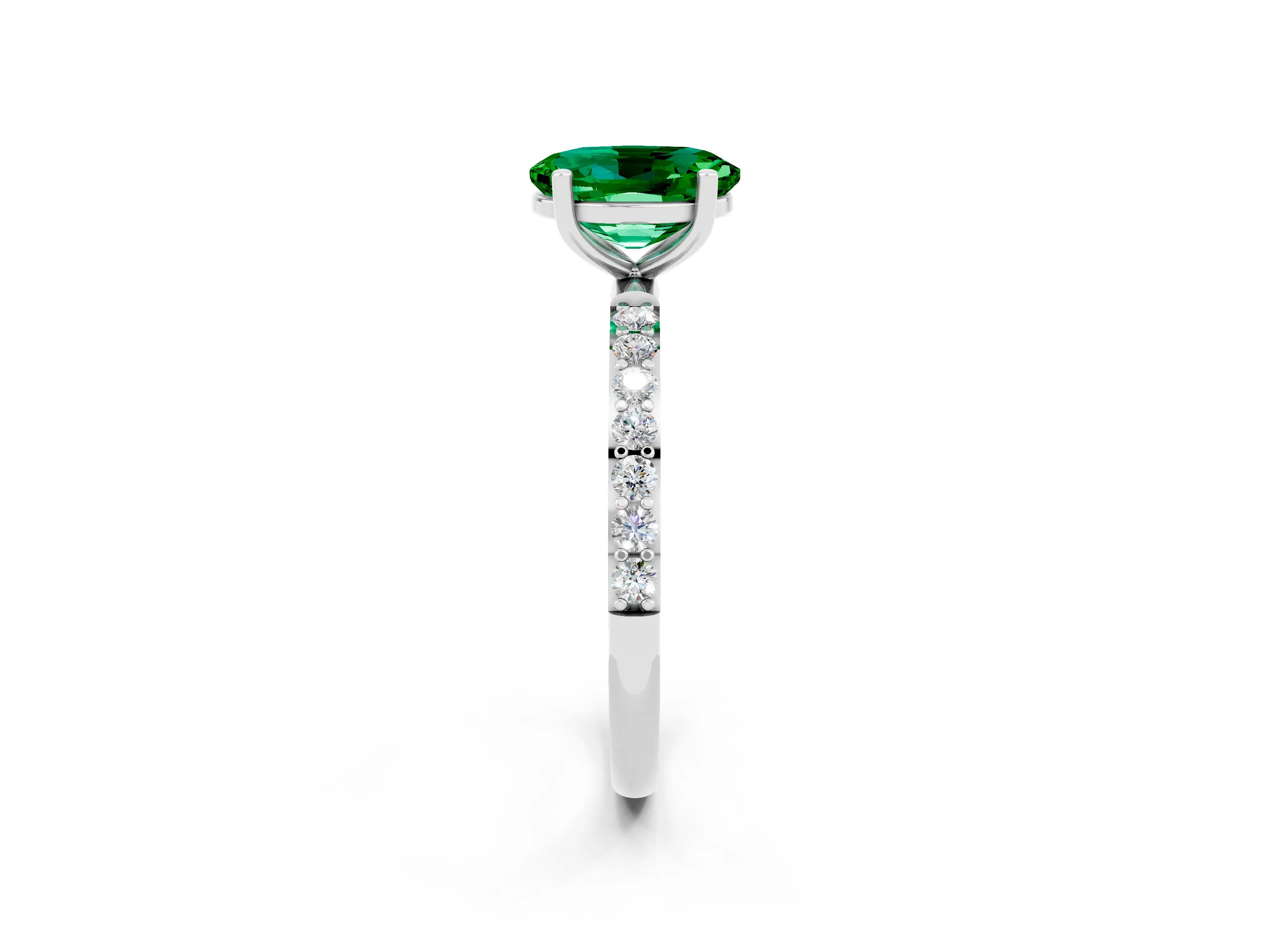 White gold Oval Cut Emerald Solitaire Ring with Pave Band and Four Prong Setting_14