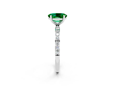 White gold Oval Cut Emerald Solitaire Ring with Pave Band and Four Prong Setting_14