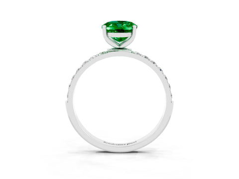 White gold Oval Cut Emerald Solitaire Ring with Pave Band and Four Prong Setting_15