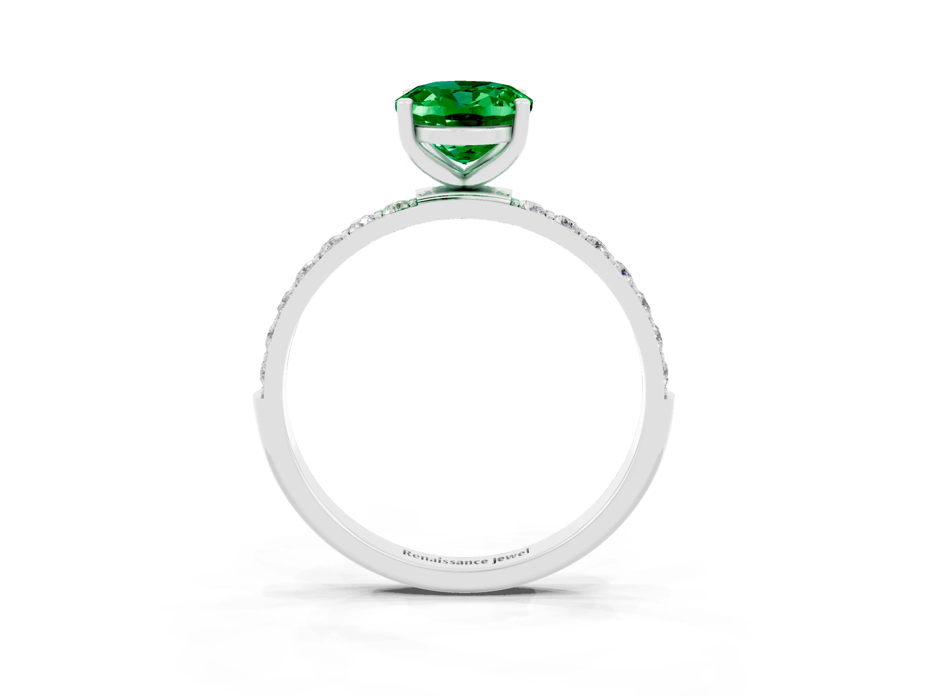 White gold Oval Cut Emerald Solitaire Ring with Pave Band and Four Prong Setting_15