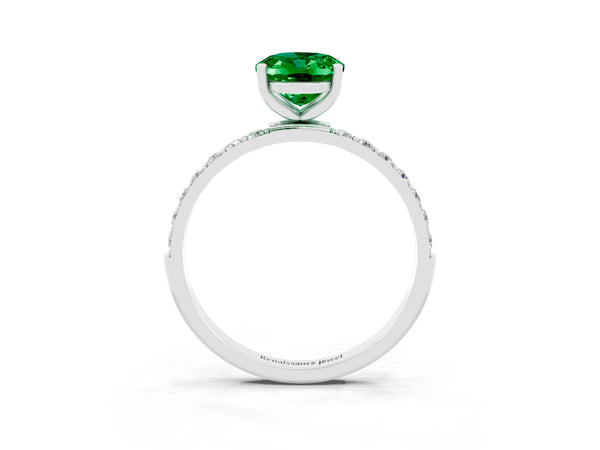 Silver Oval Cut Emerald Solitaire Ring with Round  Pavé Band and Prong Setting