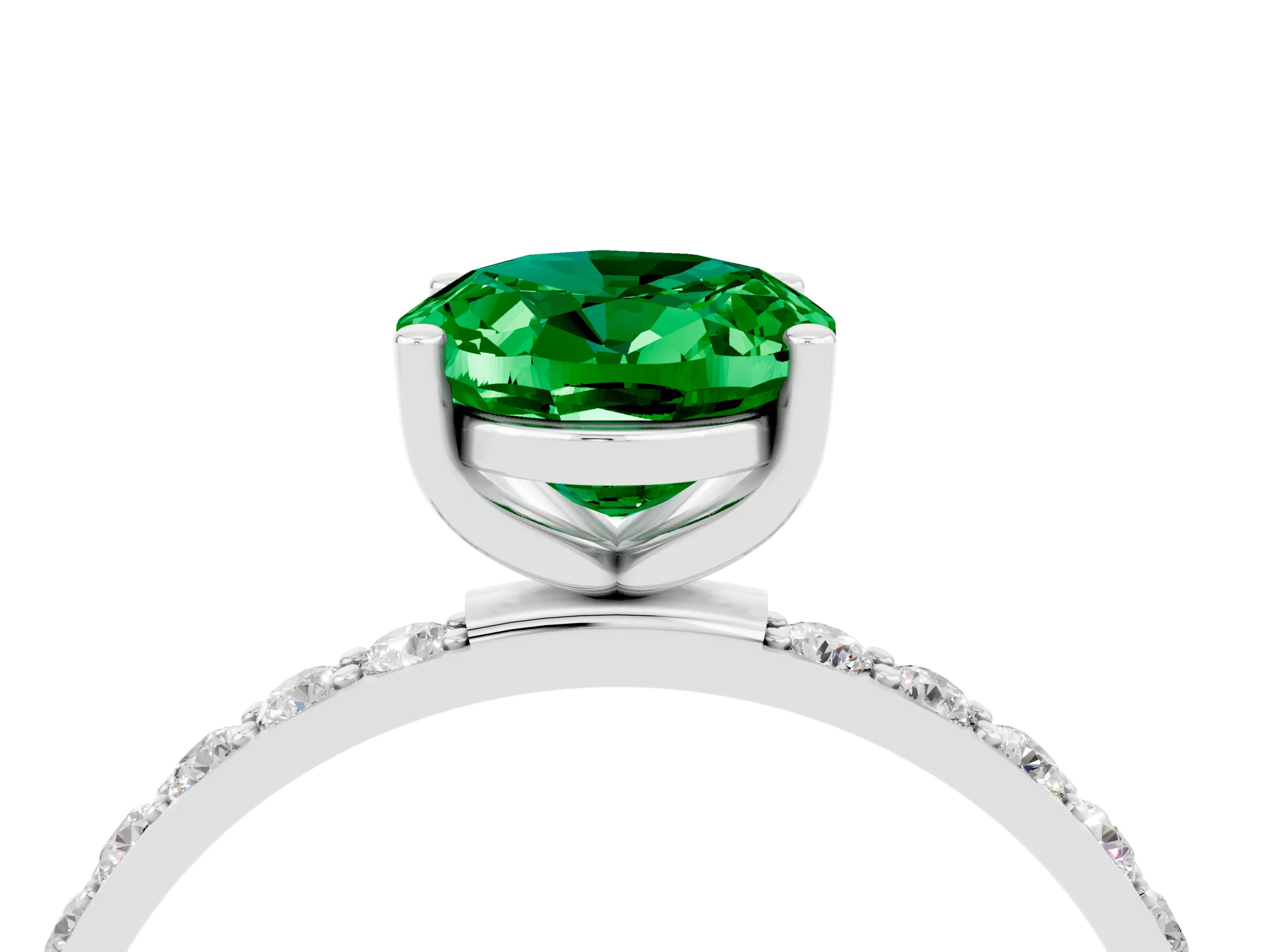 White gold Oval Cut Emerald Solitaire Ring with Pave Band and Four Prong Setting_16
