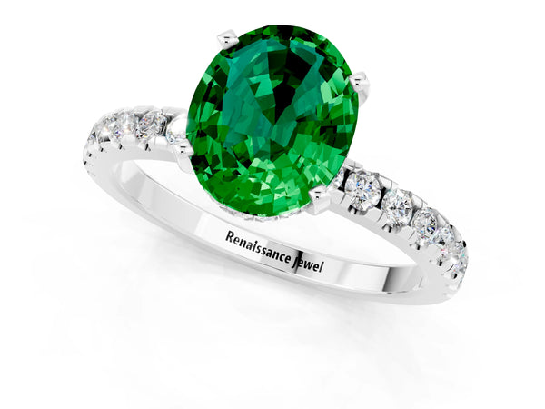 White gold Oval Cut Emerald Solitaire Ring with Round  Pavé Band and Four-Prong Setting