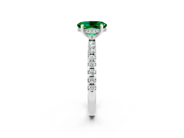 White gold Oval Cut Emerald Solitaire Ring with Round  Pavé Band and Four-Prong Setting