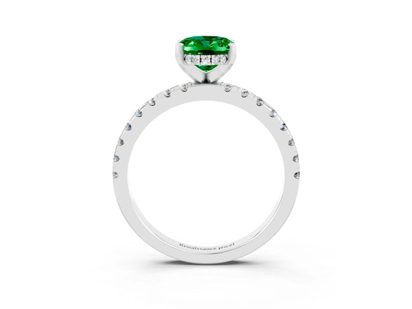 White gold Oval Cut Emerald Solitaire Ring with Round  Pavé Band and Four-Prong Setting