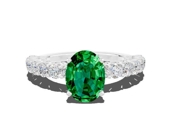 Platinum Oval Cut Emerald Solitaire Ring with Shared Prong Pavé Band and Four-Prong Setting